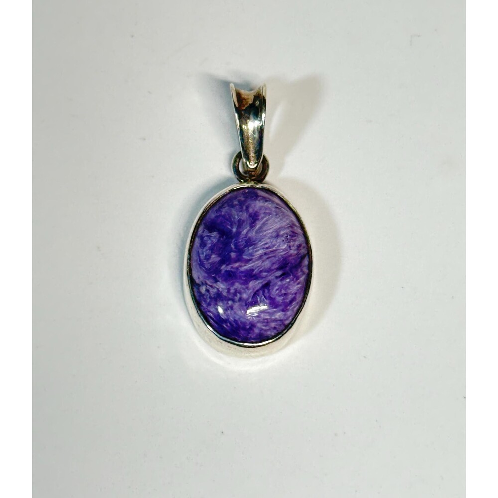 Sterling Silver Charoite Pendant Purple Stone Oval Cabochon Natural Gemstone